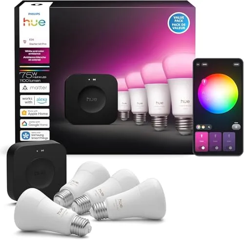 10. Philips Hue White Ambiance A19 Starter Kit (4 Bulbs + Hue Bridge, 471986)