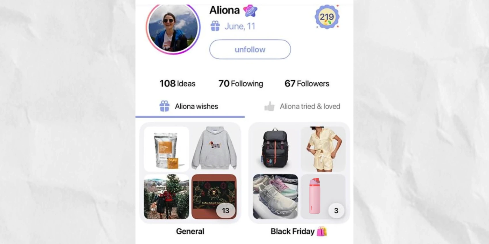 Wishlist items organized into folders by category
